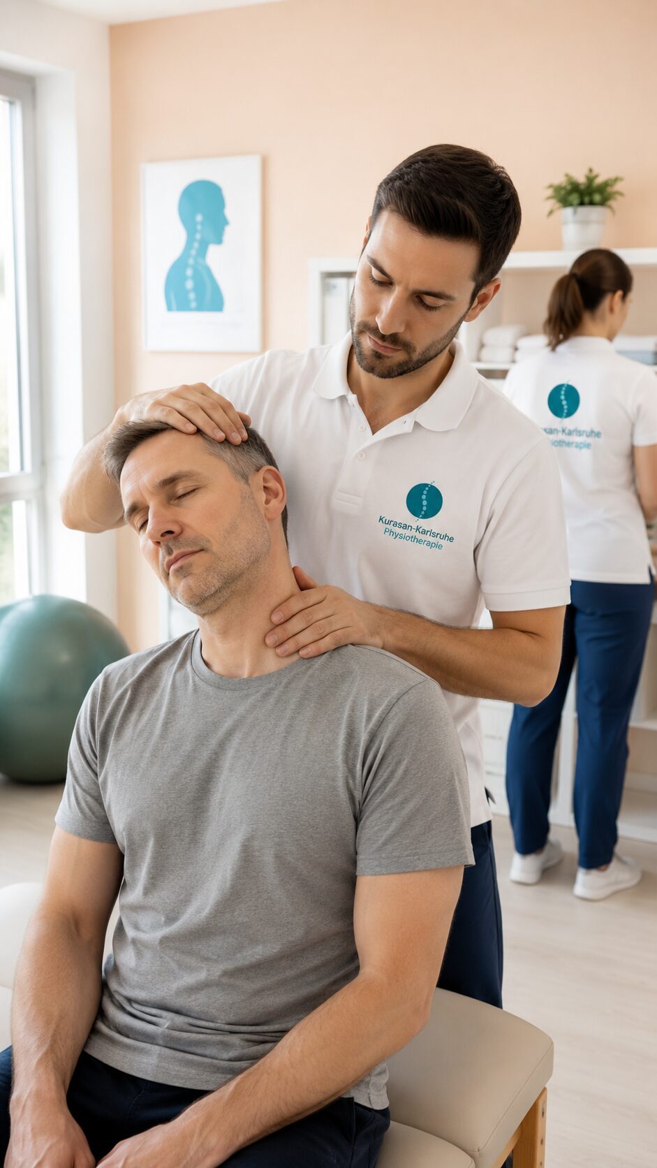 Physiotherapeut behandelt Nacken und Halswirbelsäule bei chronisc zum Thema Physiotherapie Karlsruhe - chronisches in Halswirbelsäulesyndrom