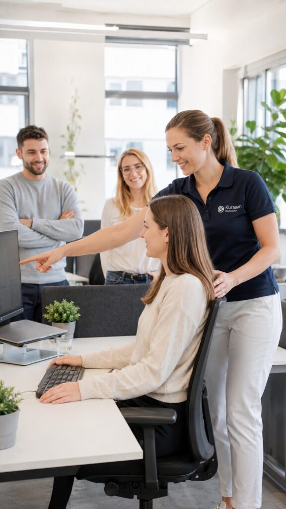 Physiotherapeutin zeigt ergonomische Arbeitsplatzberatung im Büro – P zum Thema Physiotherapie Karlsruhe - Physiotherapie für in Unternehmen