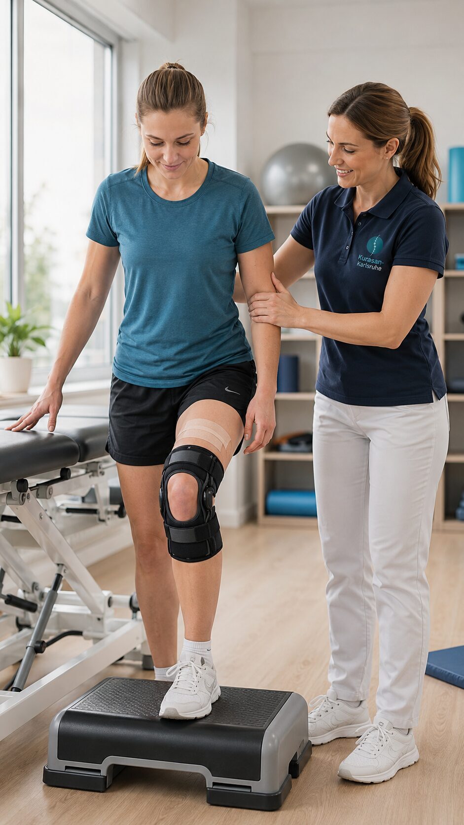 Physiotherapie in Karlsruhe: Therapeutin begleitet Patientin bei d zum Thema Physiotherapie Karlsruhe - Rehabilitation nach in Kreuzbandriss