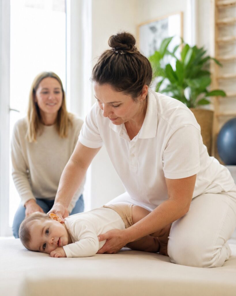 Therapeutin führt Kinderphysiotherapie nach Vojta bei Kurasan mit einem Baby auf zum Thema Kinderphysiotherapie nach Vojta​ - Bei in Kurasan