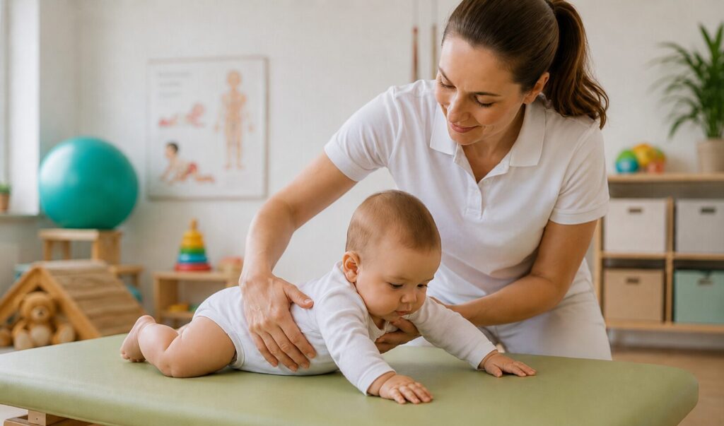 Kinderphysiotherapie in der Praxis: Therapeutin unterstützt ein Baby auf der Behandlungsliege bei Bewegungsübungen