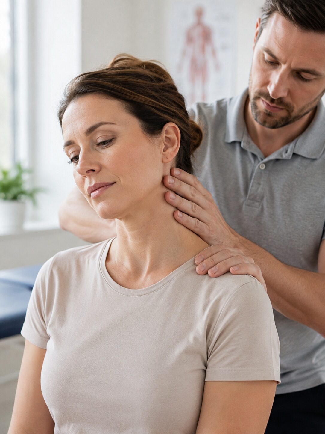Physiotherapeut führt manuelle Therapie am Nacken und an der Schulter einer Patientin in der Praxis durch