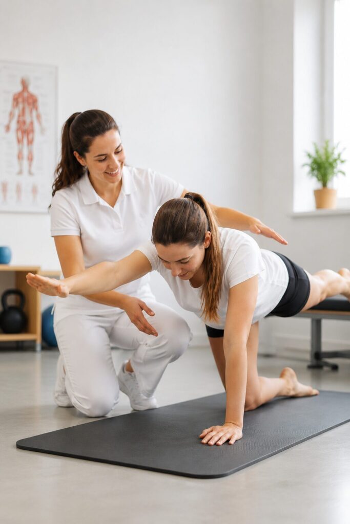Physiotherapeutin begleitet Patientin bei einer Stabilitätsübung auf der Matte in der Praxis – Manuelle Therapie und Training