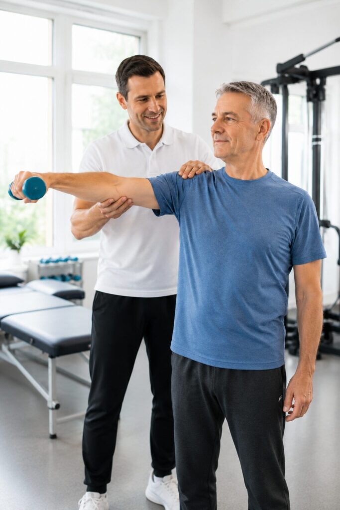 Physiotherapeut führt manuelle Therapie zur Schulter-Mobilisation durch, Patient macht Armübung mit Hantel in der Praxis