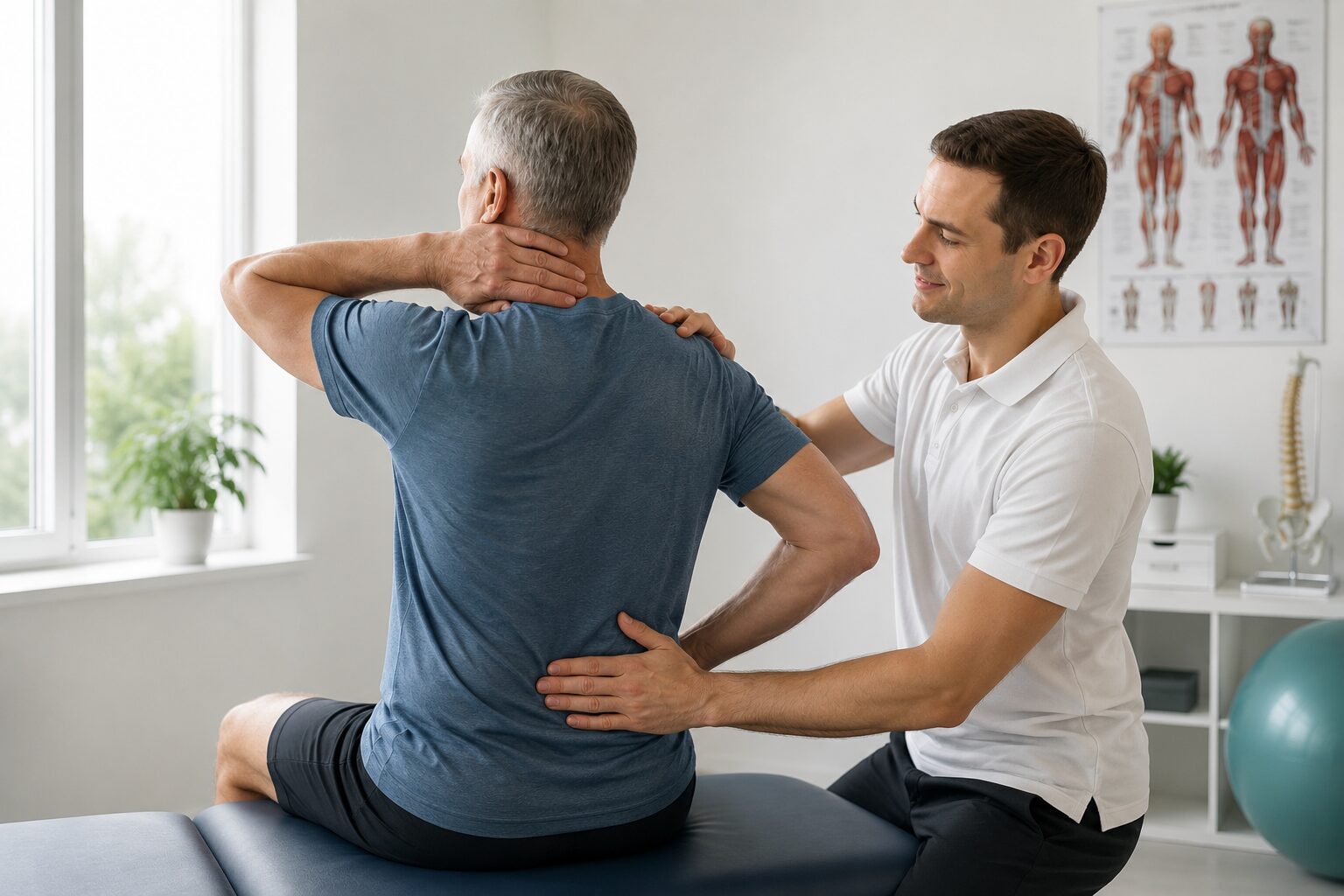 Physiotherapeut behandelt den Rücken eines Patienten in der Praxis – Skoliose Therapie zur Verbesserung von Haltung und Beweglichkeit