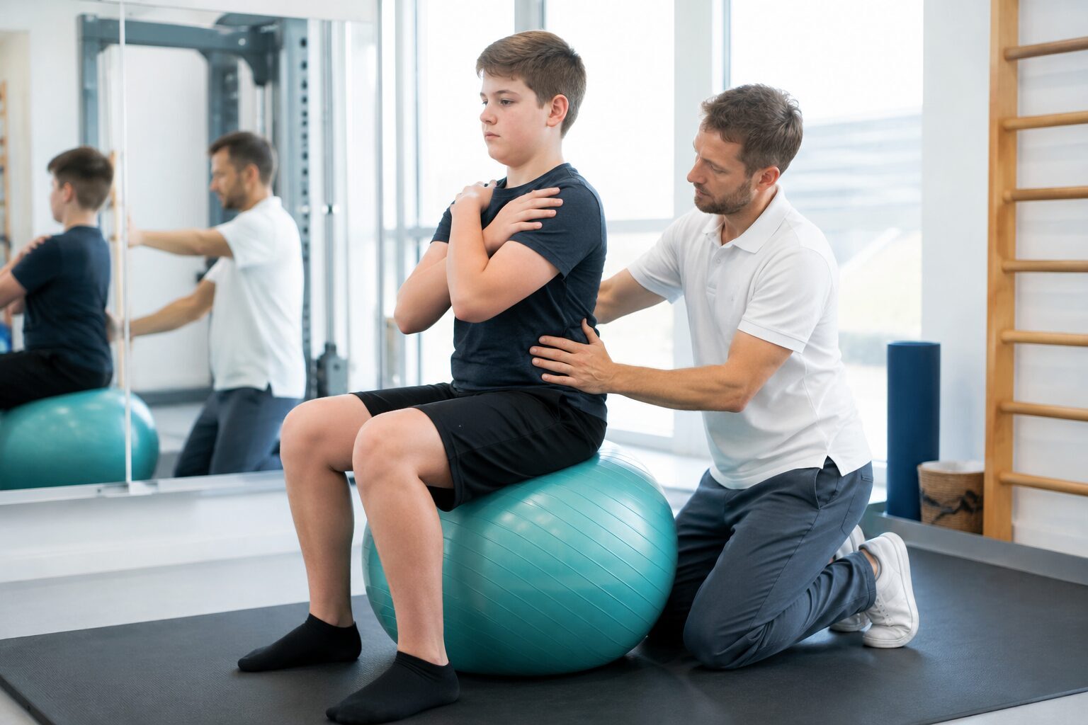 Physiotherapeut unterstützt einen Jugendlichen bei einer Skoliose Therapie auf dem Gymnastikball in der Praxis